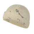 thumbnail image 2 of Hip-hop Slouchy Ripped Knitted Hat Unisex Metal Ring Skull Caps Hat Beige, 2 of 3