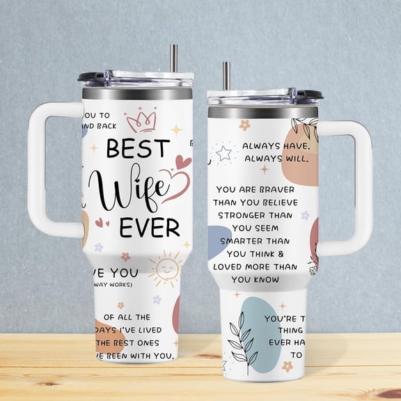 Gift For Wife From Husband, To Wife Tumbler 40 Oz, Wifes Birthday Gift Ideas, Wedding Anniversary Birthday Gift For Her, To Her Tumbler With Handel And Straw