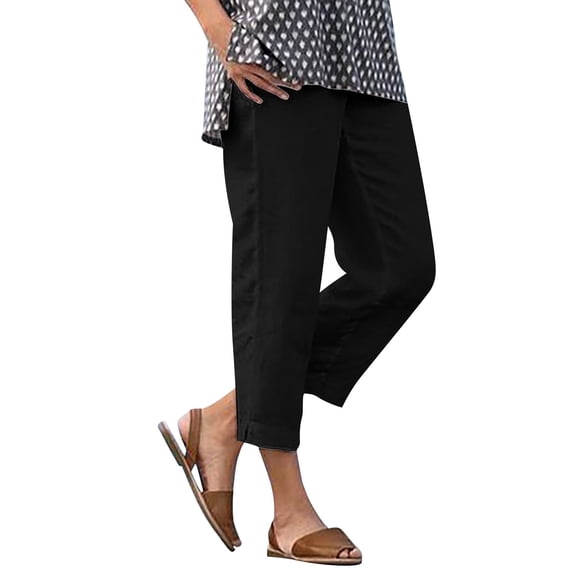 Aursykel Women's Cotton Linen Capri Elastic Waist Pants with Pockets Casual Loose Solid Color Cropped Trousers