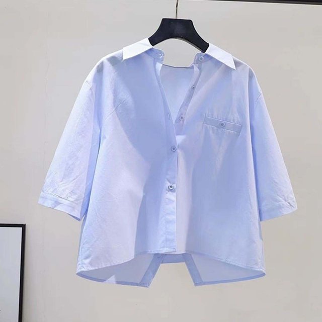Ovbmpzd Short Sleeve Womens Tops Trendy Blue Cropped Collared Solid Button down Shirts Women Blouse XXL