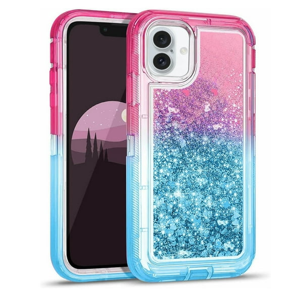 For Apple iPhone 16 Plus Dual Layer Protective Shockproof Tough Defender Sparkling Liquid Glitter Heart Case Cover Pink/Blue
