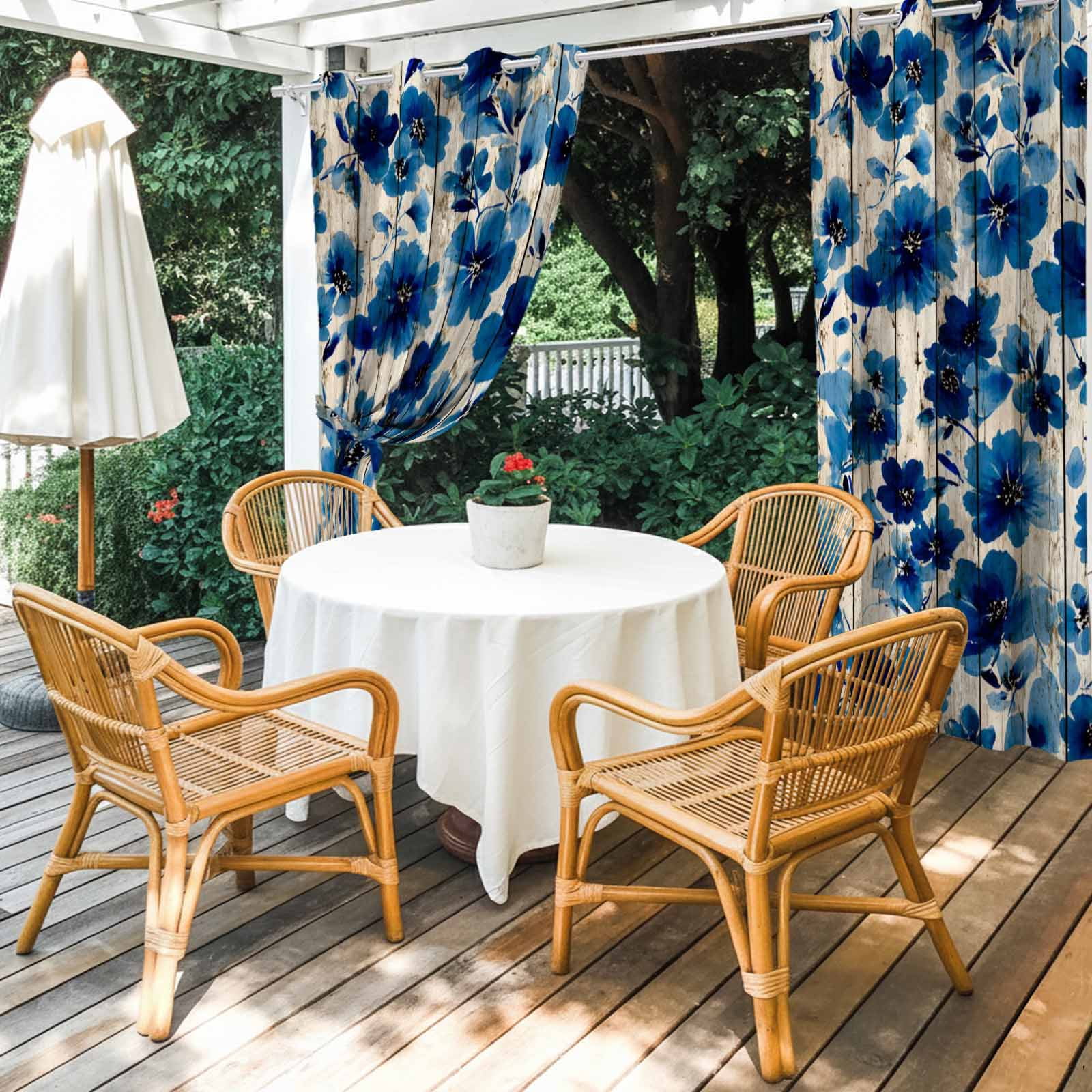 Blue Flower Outdoor Curtains for Patio, Watercolor Floral Vintage Wood Striped Country Sunshade Privacy Drapes Grommet Waterproof Outside Curtains for Porch/Cabana/Balcony 54"x 108", 1 Panel