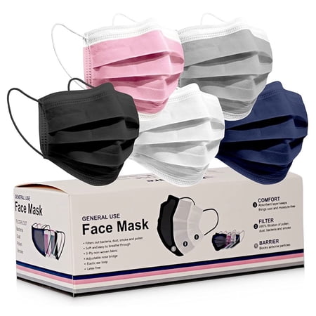 50 Disposable Multi Color Face Masks, 3-Ply Breathable Dust Protection Masks, Elastic Ear Loop Filter Mask