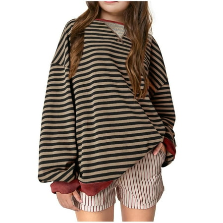

Atogsazn Girls Striped Oversized Sweatshirt Children s Crew Neck Long Sleeve Shirt Casual Loose Pullover Clothes Brown 9-10 Years on Clearance