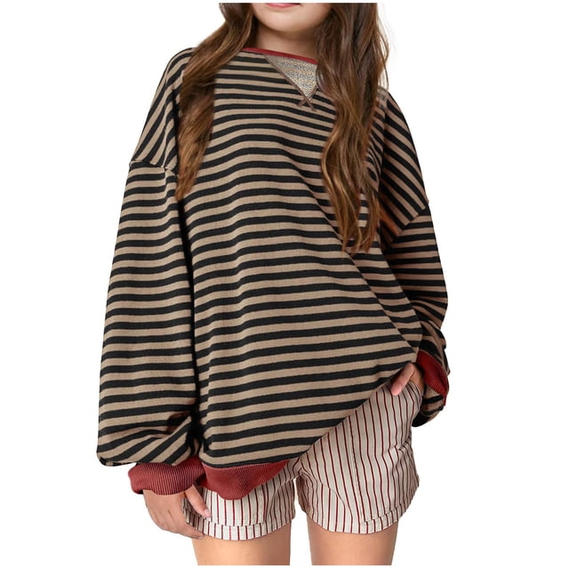 Besolor Girls Oversized Sweatshirts Fall Crewneck Long Sleeve Striped Tops Color Block Pullovers Casual Loose Shirts