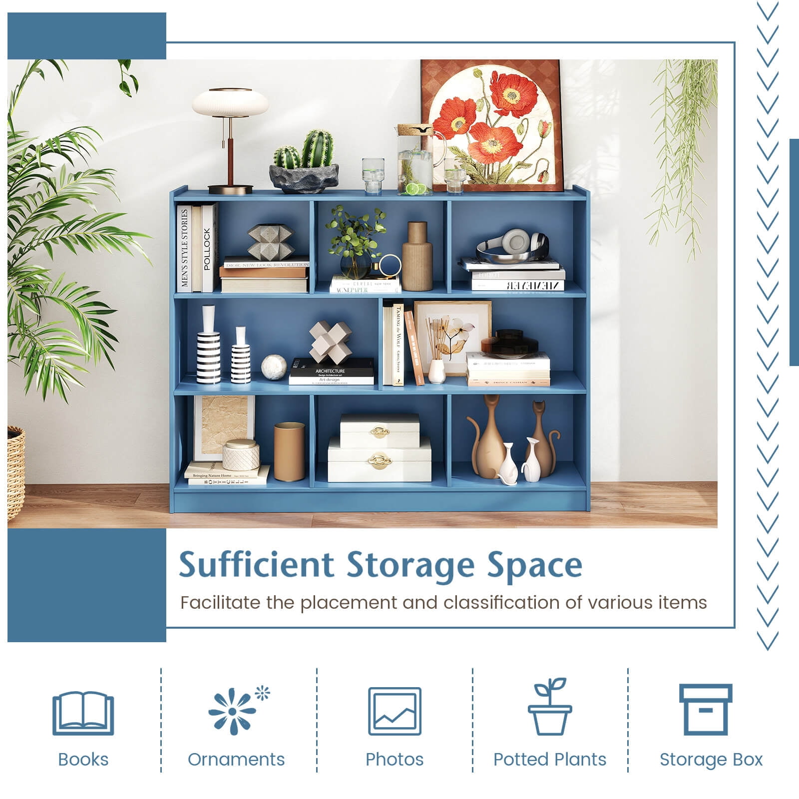 Costway 8 Cube 3-Tier Open Wooden Bookshelf Toy Storage Organizer with Anti-toppling Kits Blue