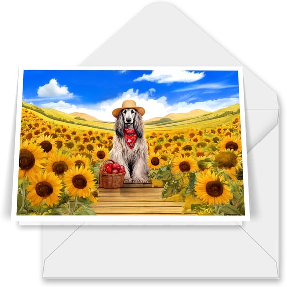 Vintage Afghan Hound Says Hello Mother's Day Summer Sunflower Field 7x5in Folded Greeting Card Dog Lover Single Note Card with Envelope - 12005