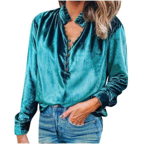 Honeeladyy Discount Women Velvet Solid Color Ruffle High Neck Shirts Top Lapel Collar Button Up Long Sleeve Loose Blouse Buckle Cuff Pullover