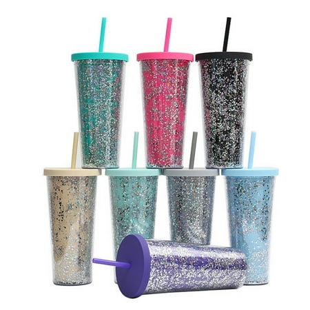 

nbuaila 24OZ/710ml Water Cup with Straw Glitter Double Wall Wavy Edge Straight Tumbler Juice Iced Coffee Cup Daily Use