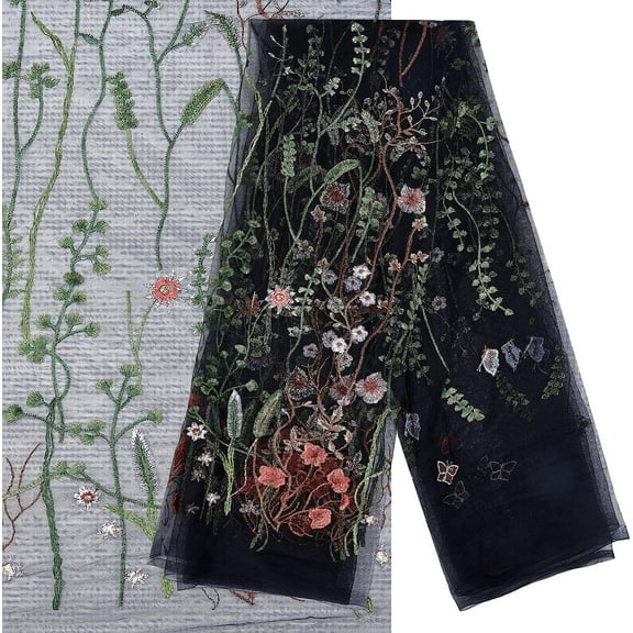 2 Yards Mesh Embroidered Lace Trim for Sewing Decoration Garment Accessories Flower Pattern Black 60-1/4 inch(1530mm)