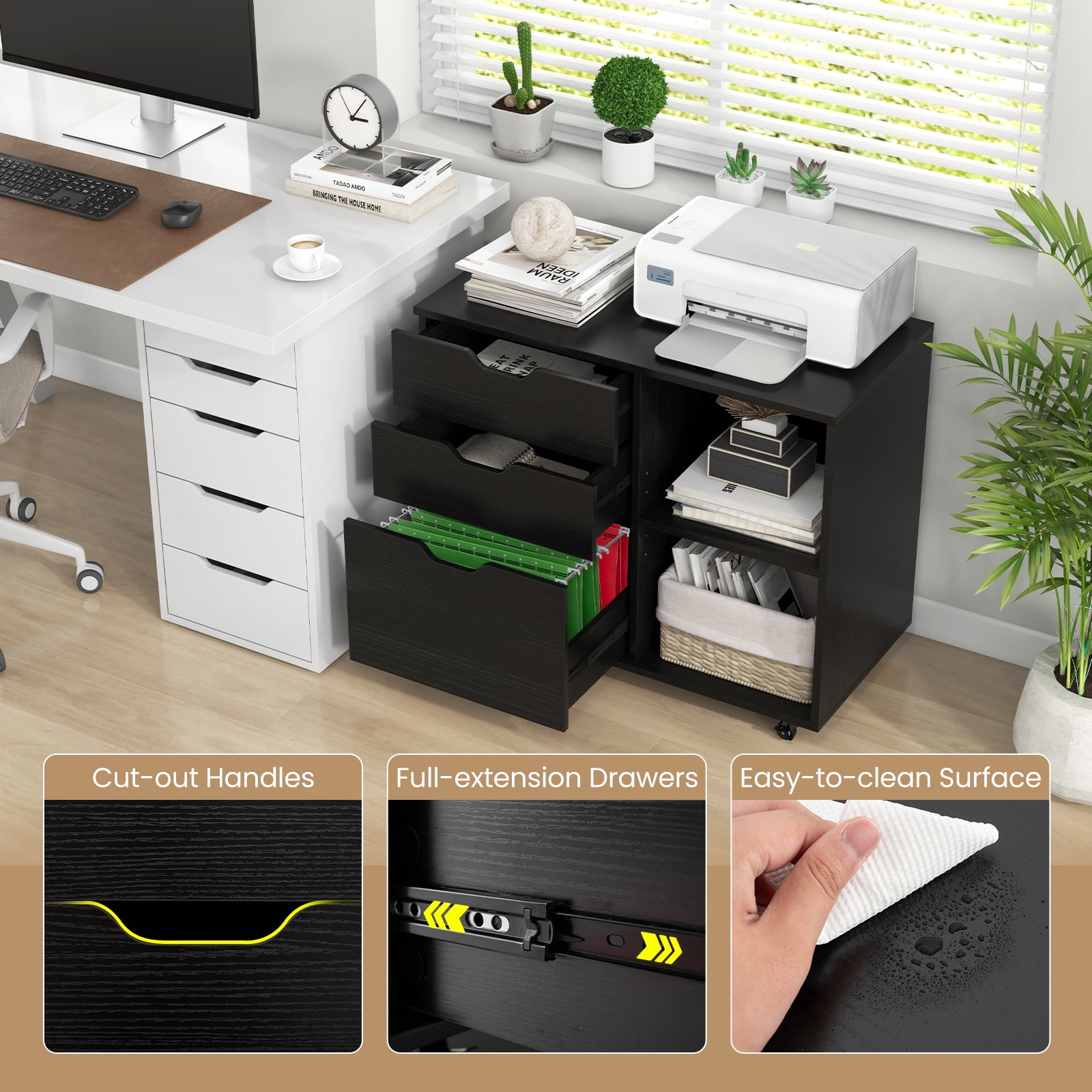 Giantex Rolling File Cabinet, Lateral Filing Cabinet w/Open Storage Shelves, Under Desk Storage Organizer, Mobile Printer Stand, Black