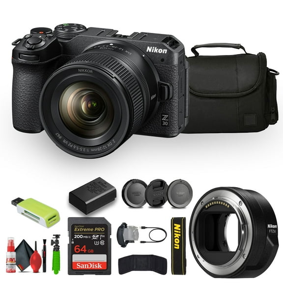 Nikon Z30 Lightweight Mirrorless Camera with 12-28mm Zoom Lens   Memory Card Wallet   Extreme PRO 64GB Card   12 Inch Flex Tripod   Nikon FTZ II Mount Adapter   More