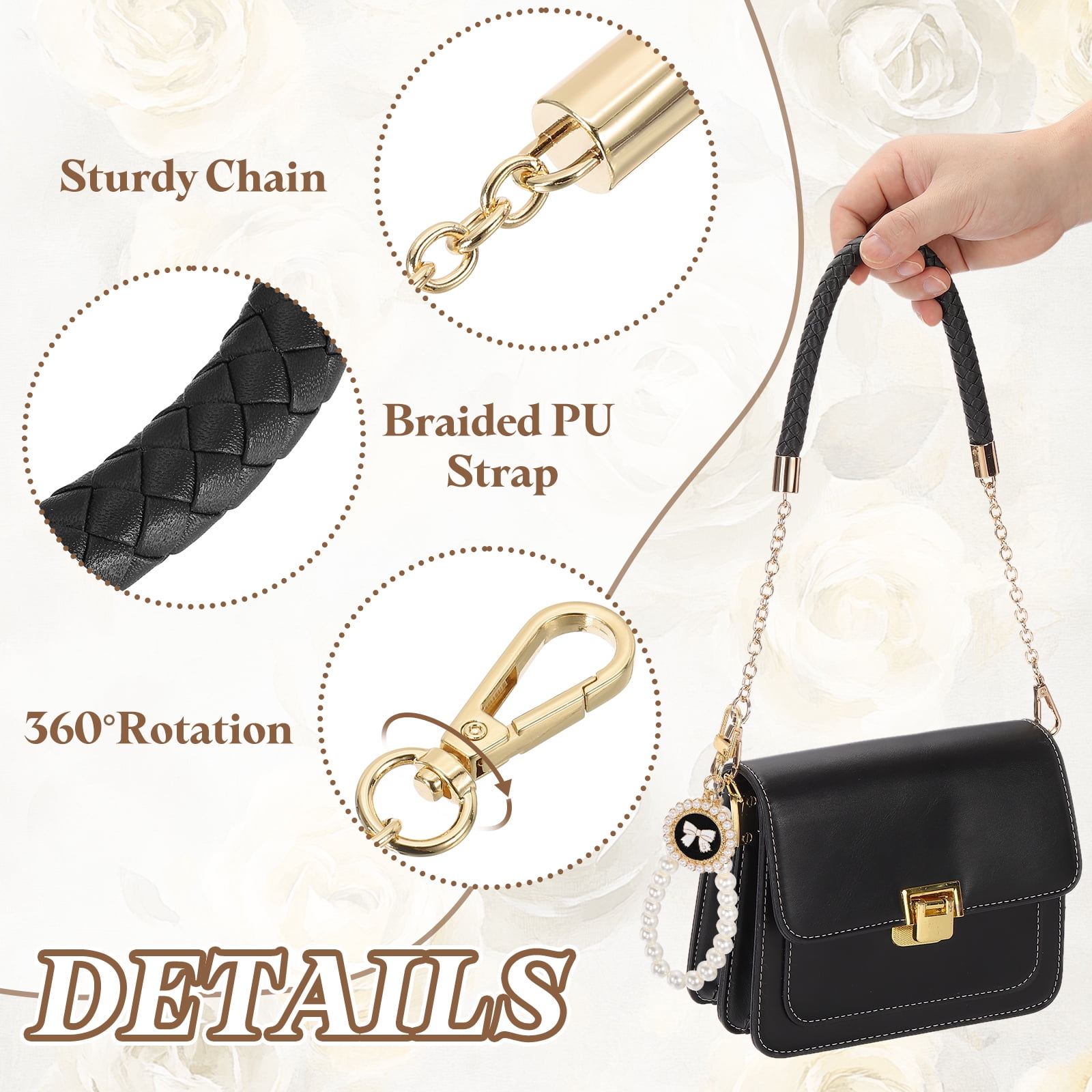 Uxcell 2 Pcs PU Leather Chain Purse Strap, 23.6 Inch Braided Purse Handles Replacement Strap with Pearl Pendant for Tote Bag Handbag Underarm Bag (Black, Light Gold Chain)