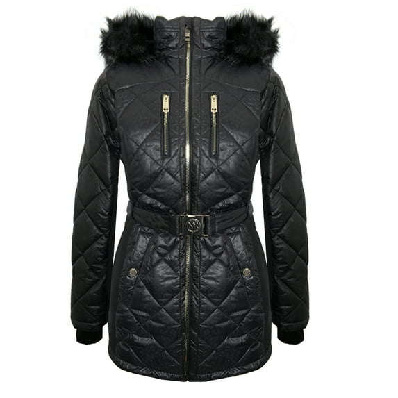 Michael Kors Women's Black Scuba Stretch Quilted Belted Coat with Hood L