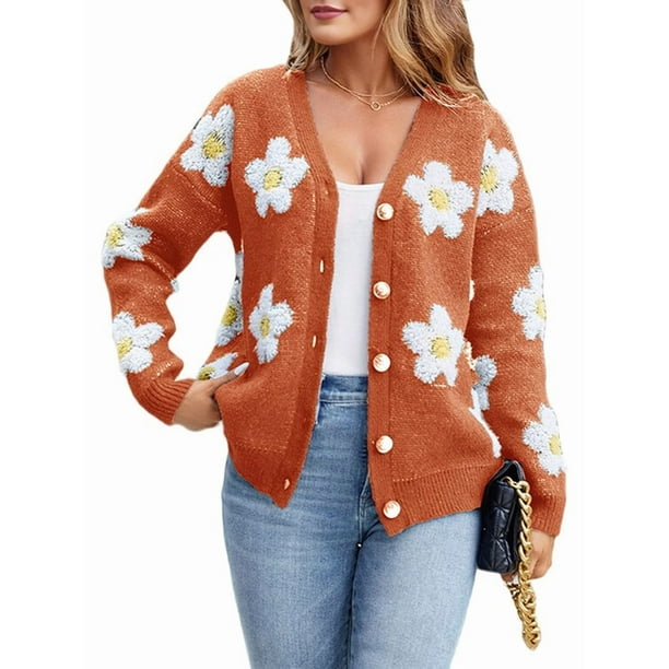 Cárdigan con Estampado Floral para Mujer, Larga, Abertura Frontal, Botones, Cuello en V, Tejido de Punto. Naranja Rojo S
