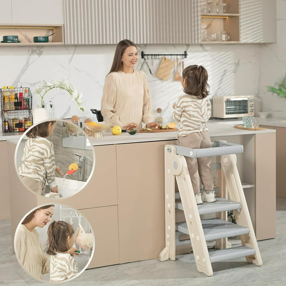 Toddler Standing Tower - Adjustable Kids Kitchen Stool with Safety Rail, 2-3 Step Learning Helper for Kitchen & Bathroom Sink, Montessori Baby Child Standing Tower (Includes Faucet Extender)
