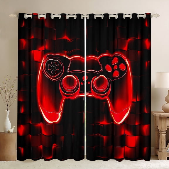 Manfei Futuristic Gamepad Boys Black Out Curtains, Black Red Honeycomb Curtains Pack of 2 (42x63 Each), Geometric Abstract Bedroom Curtains, Curtains and Drapes Home Decor
