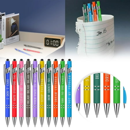 CoreLiving Funny Pens with Stylus 10-Pack, Fine Point Smooth Writing Black Ink Ballpoint Pens, Motivational Inspirational Sayings for Office Desk Accessories, Employee Appreciation Gifts Bulk