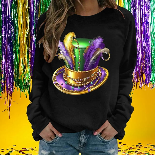 Xuyuer Women's Carnival Printed Long Sleeved Round Neck Mardi Gras Sweatshirt Carnival Outfits Women Carnival Sweatshirts Fat Tuesday Fashionable Pullover Tops