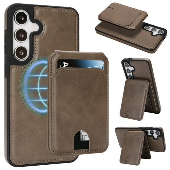 Allytechgroup 2 In 1 Wallet Case for Samsung Galaxy S25, Detachable Magnetic Back Cover Cards Holder with ID Window Stand RFID Blocking Shockproof Retro PU Leather Phone Case, Coffee