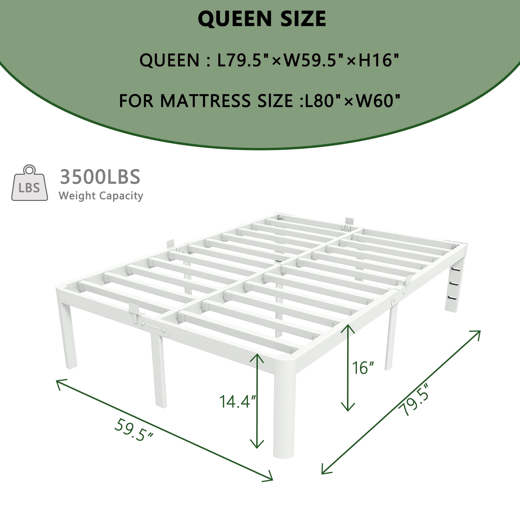 VHAHA White Bed Frame Queen Size 16 Inch, Metal Queen Bed Frame No Box Spring Needed, Heavy Duty Steel Support 3500 LBS, DIY Headboard, Noiseless, Round Corner Legs, Storage Space, Easy Assembly