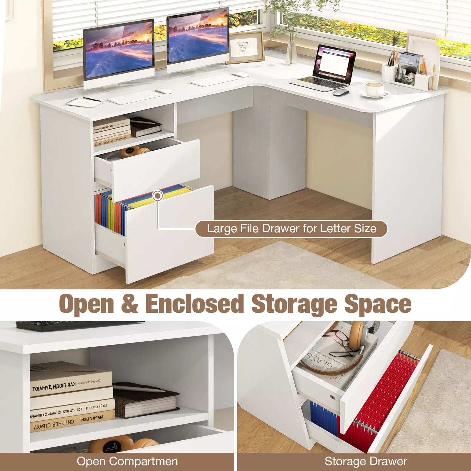 Harmijoy 59" L Shaped Study Writing Desk with Letter File Drawer, Open Compartment , Large Home Office Workstation, White