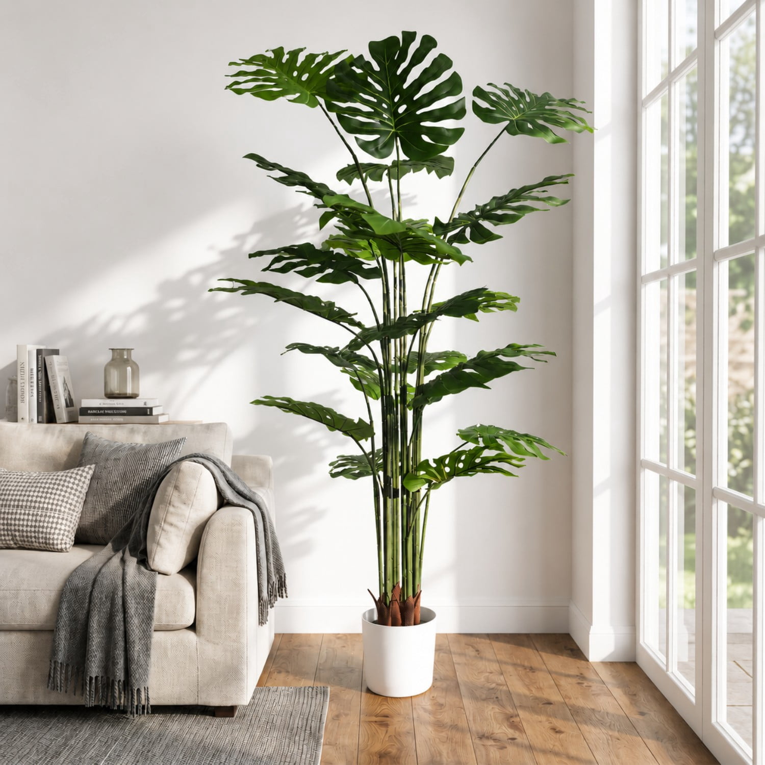 BEAUTYPEAK 6.6FT Artificial Plant Fake Indoor Monstera Plant Decorative Outdoor Greenery in White Pot