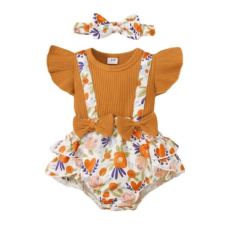 

Infant Girls Bodysuits Bowknot Ruffle Trim Batwing Sleeve Floral Printed Ribbed Headbands Newborn Kids Children Loose Fashion Outwear Leisure Spring Summer Rompers Jumpsuits