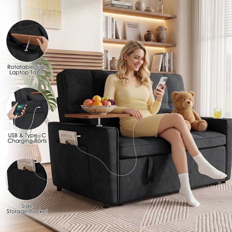 Anpport 3‑in‑1 Convertible Sleeper Sofa Bed, Pull‑Out Sofa with Side Desk, USB Ports, Cup Holders, Storage Armrests & Adjustable Backrest for Living Room Apartment, Black