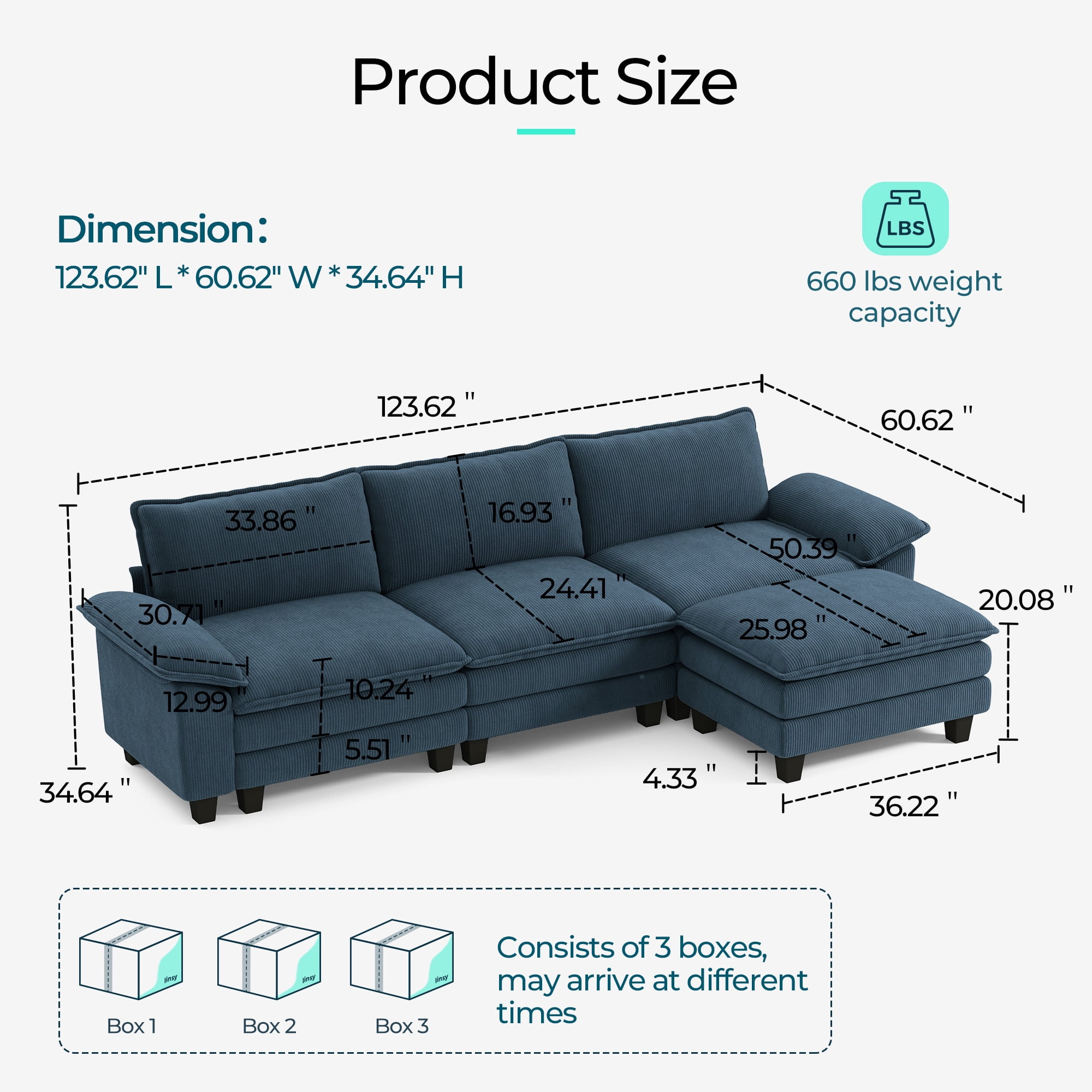 Linsy Home 123" Cloud Modular Sectional Sofa for Living Room, L-Shaped Cloud Sofa Couch with Corduroy Fabric, 3 Seat Oversized Couch with Movable Ottoman, Blue