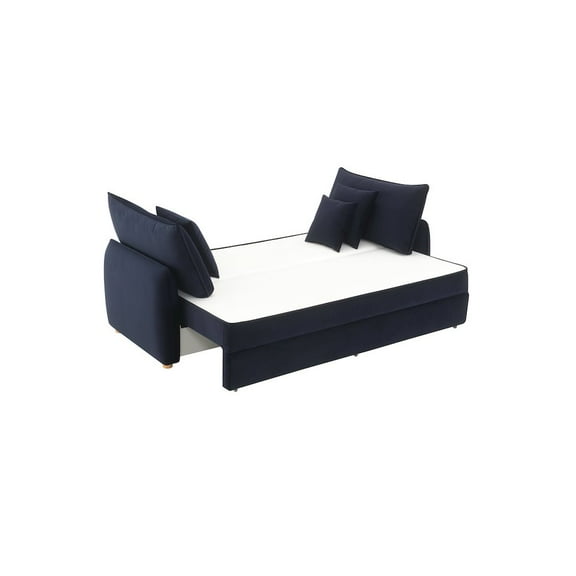 ACME Irina Velvet Fabric Upholstered Sofa with Sleeper and 3 Pillows in Blue