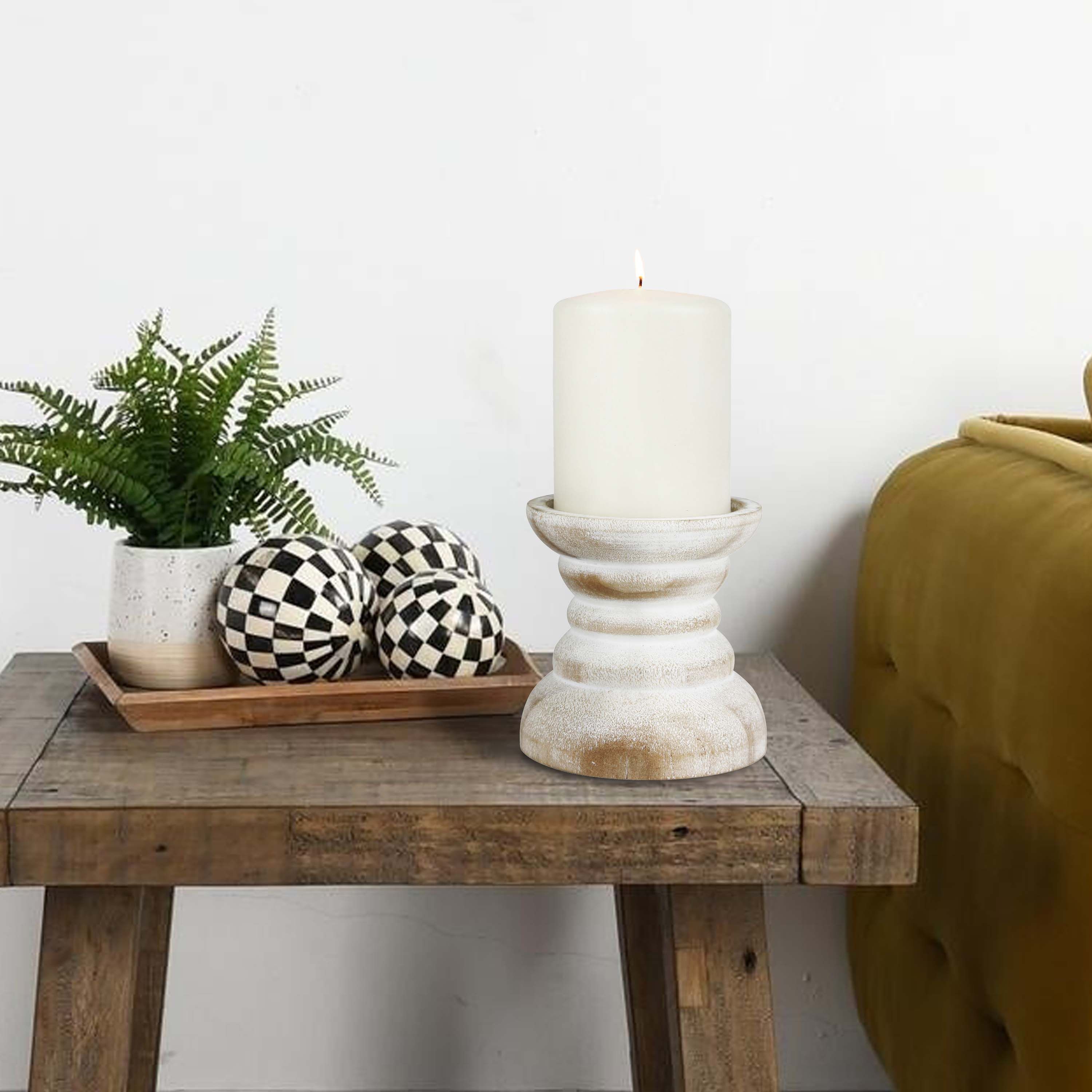 Stonebriar Tabletop 4" Coastal Wood Pillar Candle Holder, Off-White