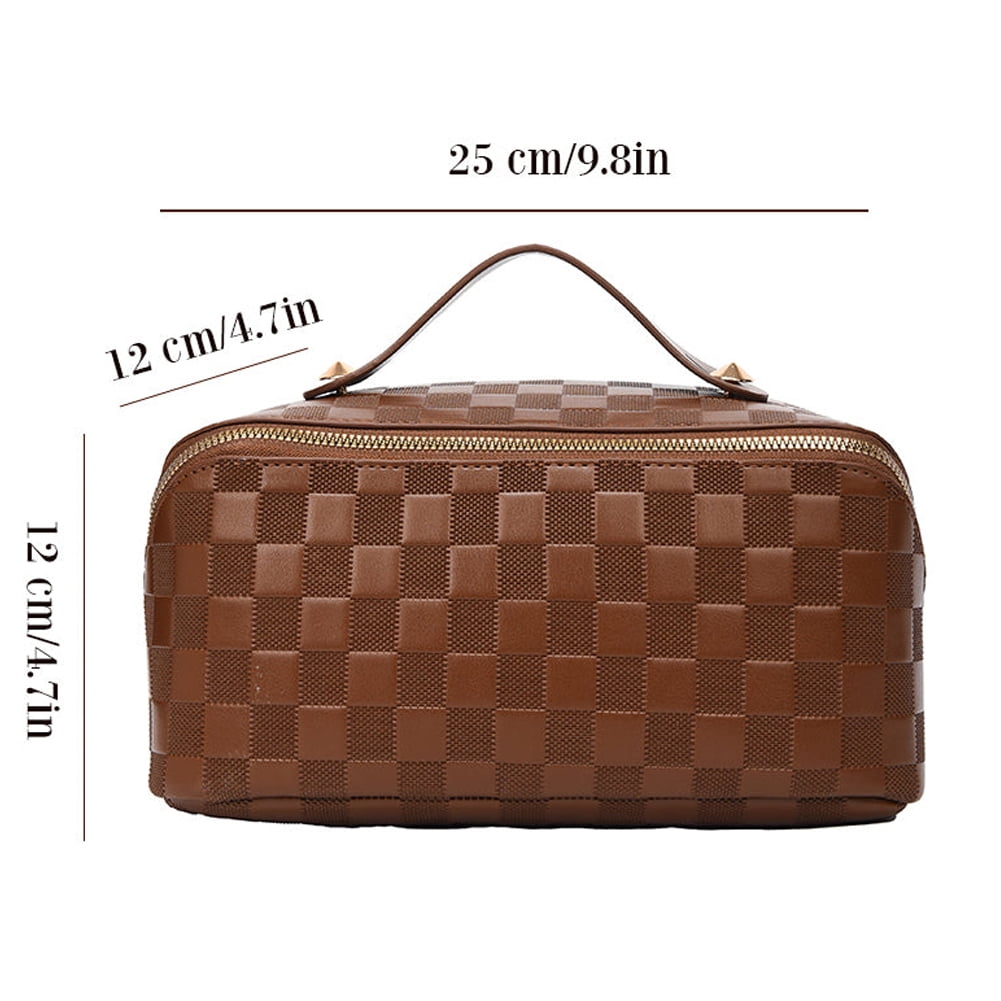 Checkered Travel Makeup Bag, Vegan Leather Large Retro Cosmetic Pouch, Toiletry  Bag for Women, Portable and Waterproof, Brown 