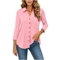 thumbnail image 2 of ClodeEU Women's Collared 3/4 Sleeve V Neck Button Down Blouse,Casual Loose Fit Office Shirt Top Pink,Women's Plus XXL, 2 of 6