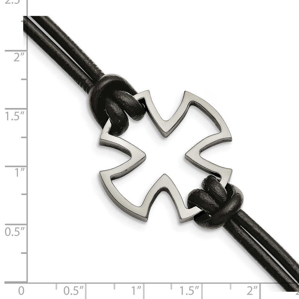 Diamond2Deal Stainless Steel Antiqued and Polished Cross Black Leather Bracelet for Men 8.25"