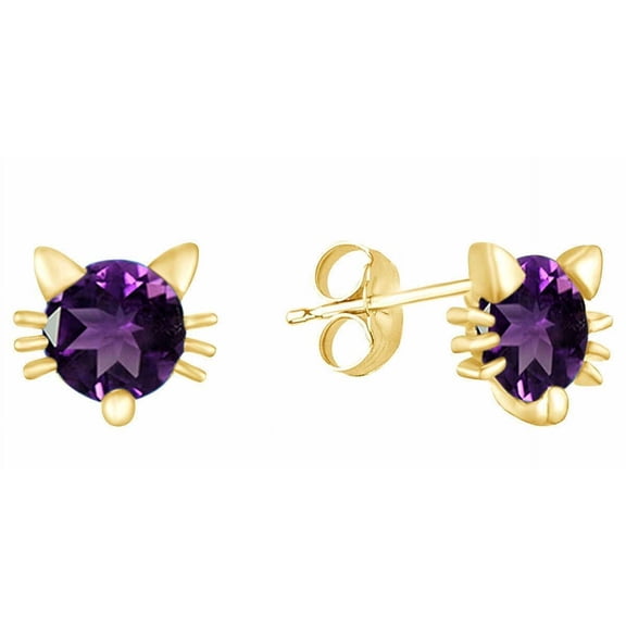 Cute Cat 1Ct Round Cut Purple Amethyst Push Back Stud Earrings 14k Yellow Gold Plated Silver