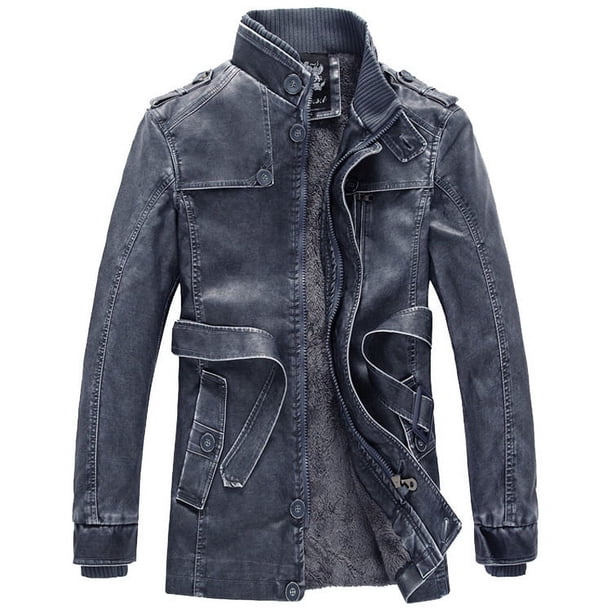 Chaqueta de cuero de PU con cuello alto largo de estilo europeo y americano, chaqueta de cuero de motocicleta lavada personalizada para hombre, más chaqueta de terciopelo