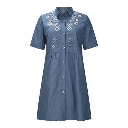 

Mrat Dress for Girls Short Sleeve Round-Neck Knee-High Dress Ladies Lapel Button Fashion Casual Denim Embroidered Shirt Dress Dress Sandals for Female