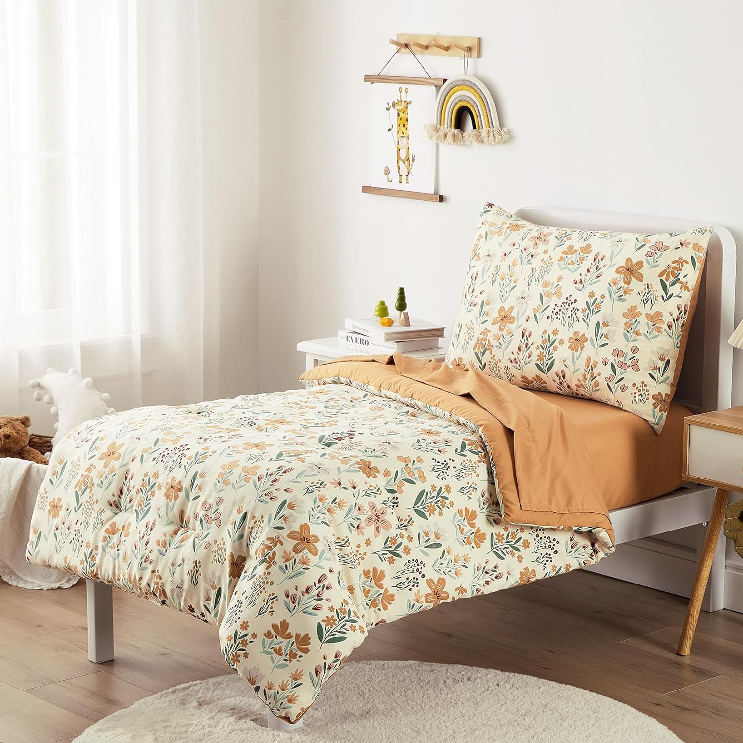 AllWays Plaza - Floral Toddler Bedding Set for Girls, Cute Colorful Botanical Flowers, 4 Pieces Soft Crib Bed Set Including Comforter, Sheets and Pillowcase, Orange Cream