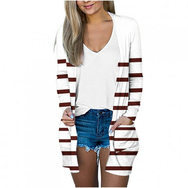 AherBiu Cardigan pour Femmes Tendance Rayé Léger Cardigans Ouvert devant Automne Décontracté Manches Longues