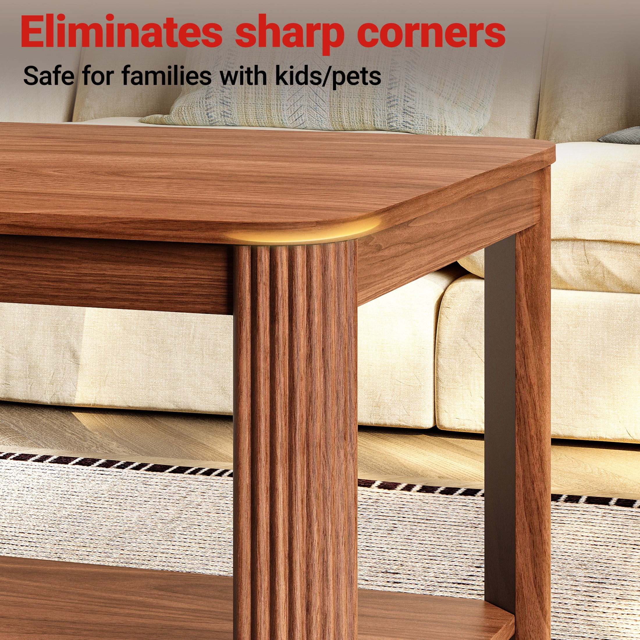 Noble House 39.4" Rectangular Coffee Table with 2-Tier Storage Shelf, Vertical Wave Grain Legs, Walnut