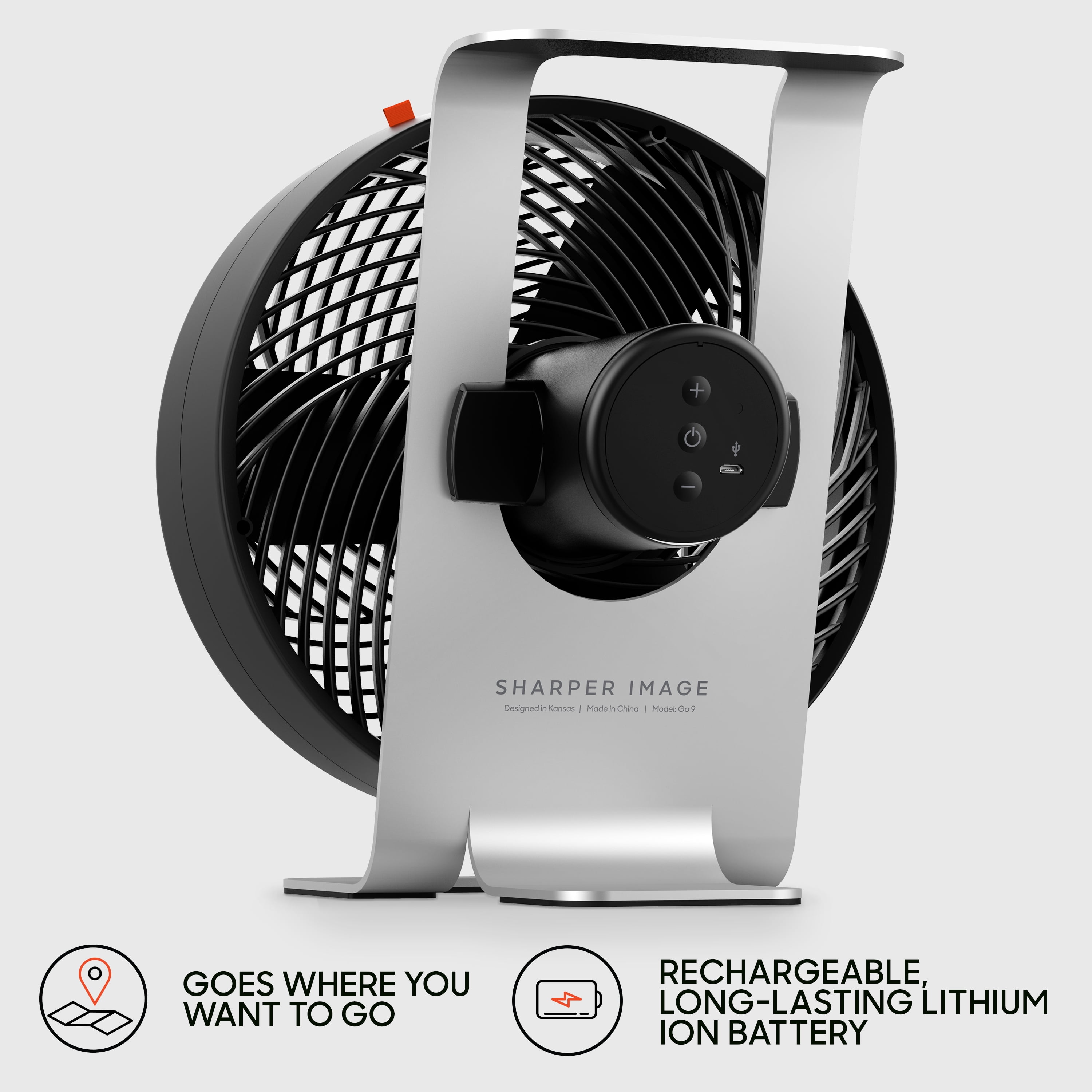 Sharper Image GO 9 Rechargeable Fan with Stand, 12.5 Inch, Black