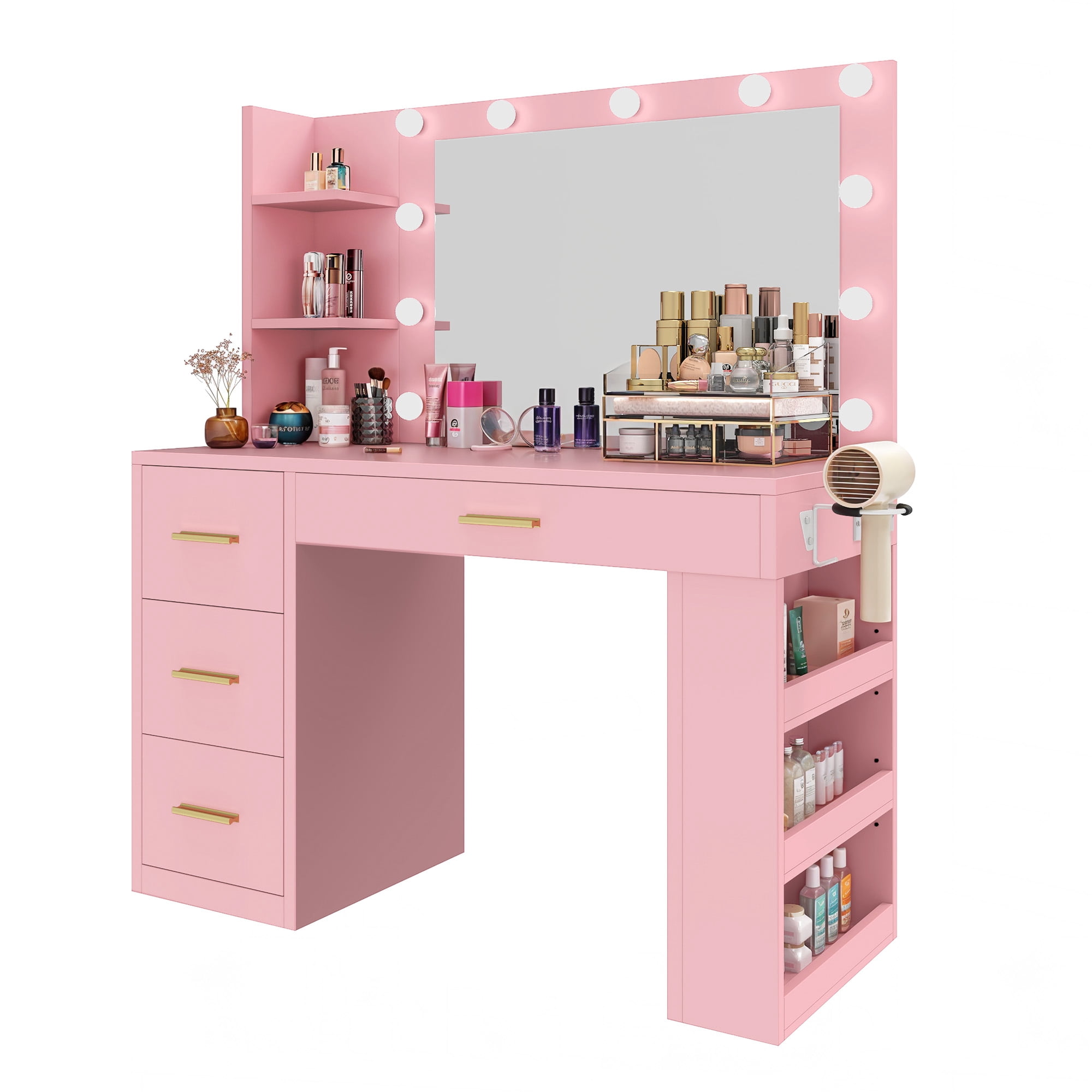 Uforic Makeup Vanity with 3 Color Lights & 3 Storage Shelves, Modern Vanity Makeup Desk, Pink