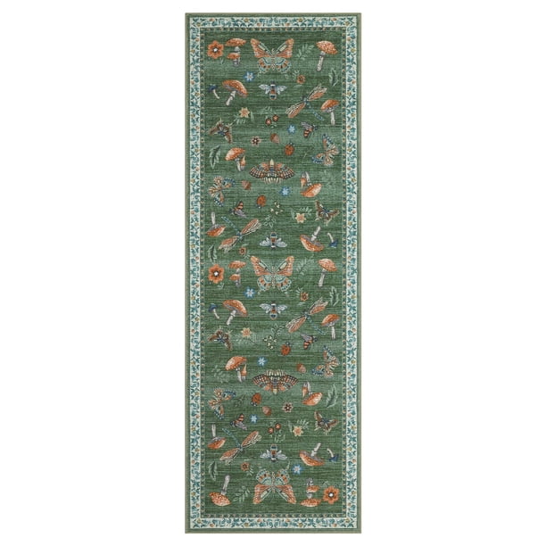 Qinaqin 2 x 6 ft Verde Rectangular Laundry Bathroom para Dormitorio cm de Alturaallway Suave Non Slip Botanical Mushroom Butterflies Print Moderno Farmhouse Anchoashable Runner Rug