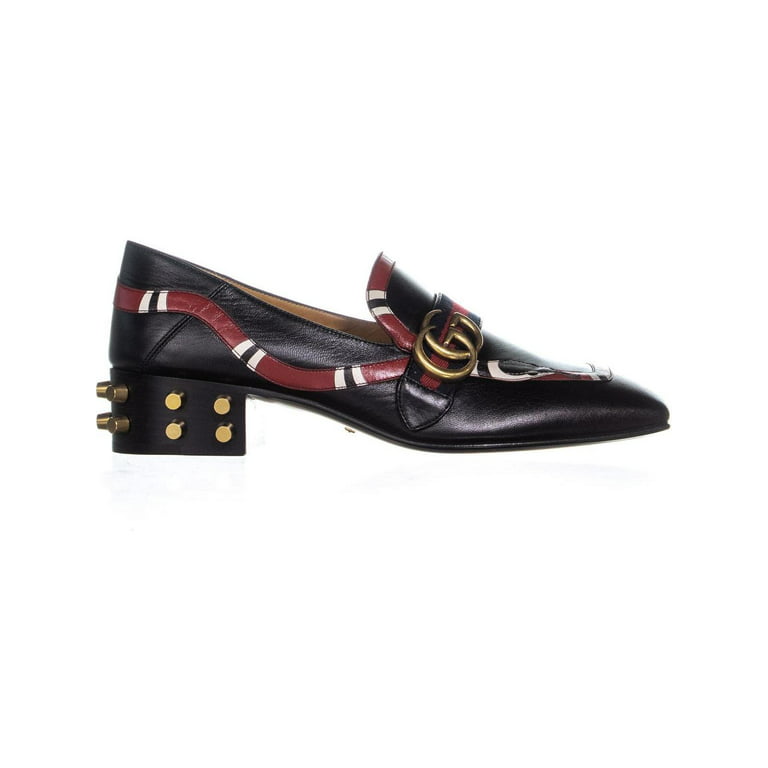 Womens Gucci Yoko Snake Studded Heel Loafer Pump Flats, Nero/Hibiscus Red/Brown