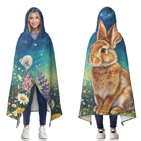 Funny Wild Rabbit Wearable Blanket Hoodies for Women Men Adults Rabbit Lovers Cozy Plush Floral Wild Rabbits Hooded Blankets for Couch Sofa Decor Birthday Gifts 60X80 Inch