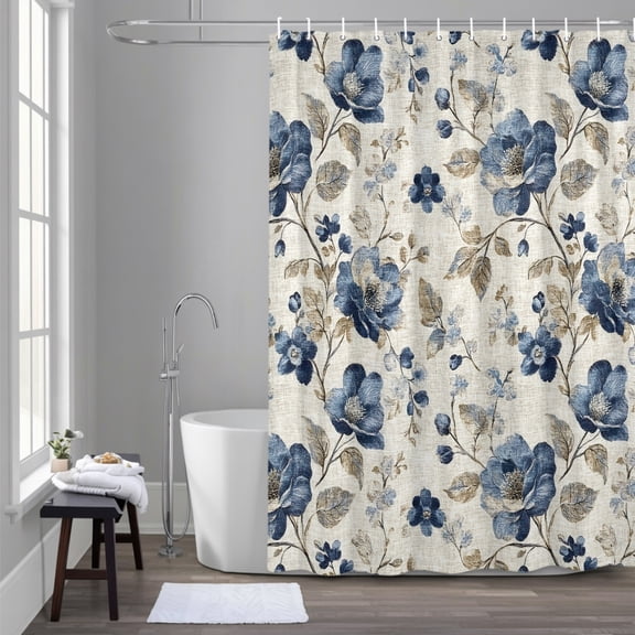 Blue Gray Spring Floral 54x78 Inches Waterproof Shower Curtain, Vintage Botanical Leaf Farmhouse Bath Curtain Set with 12 Hooks Washable Shower Curtains for Bathroom Bathtub Decor