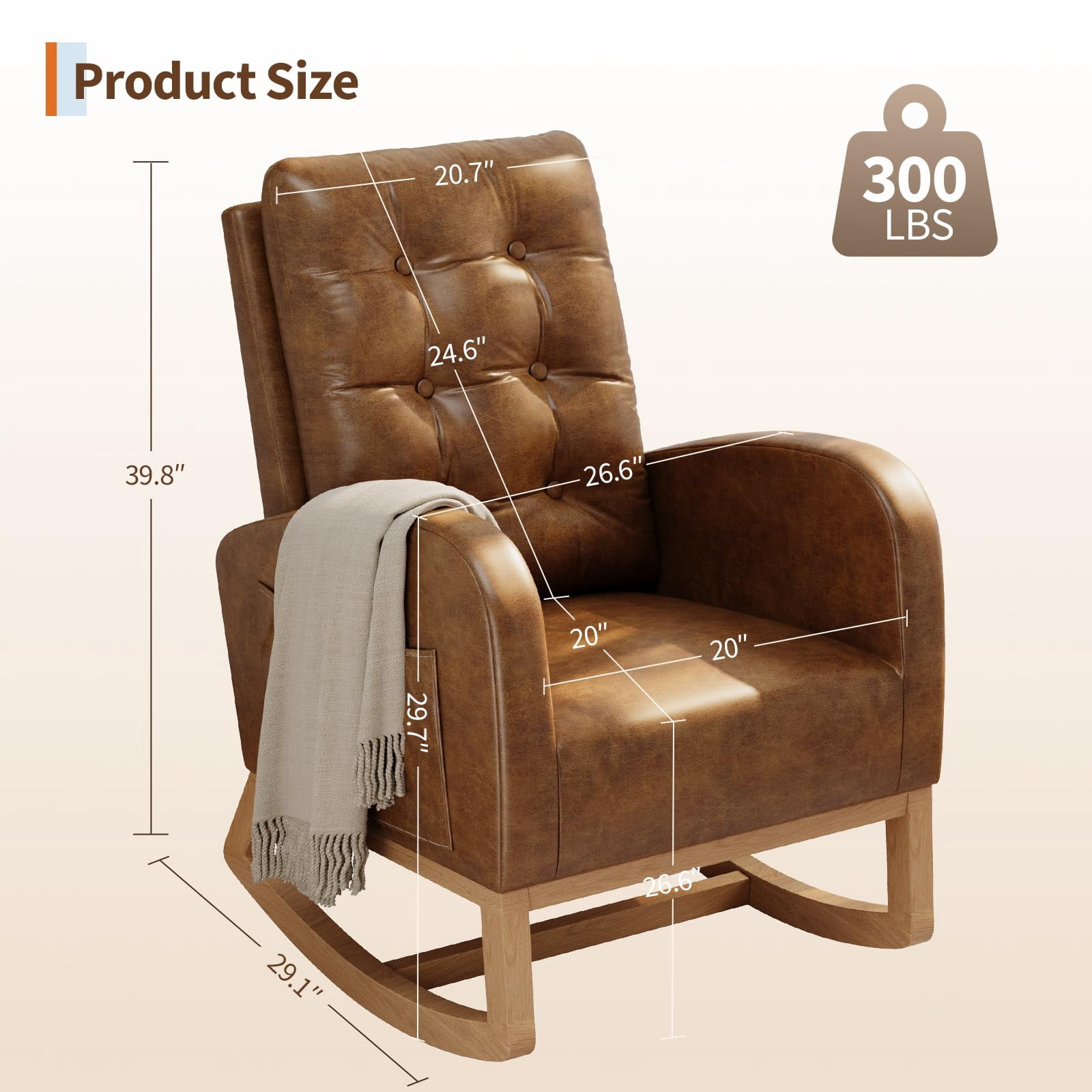 Nursery Rocking Chair with Adjustable Footrest, High Backrest, Sturdy Wooden Legs, Breathable PU Leather or Soft Fleece Upholstery, Comfortable Glider for Living Room or Bedroom