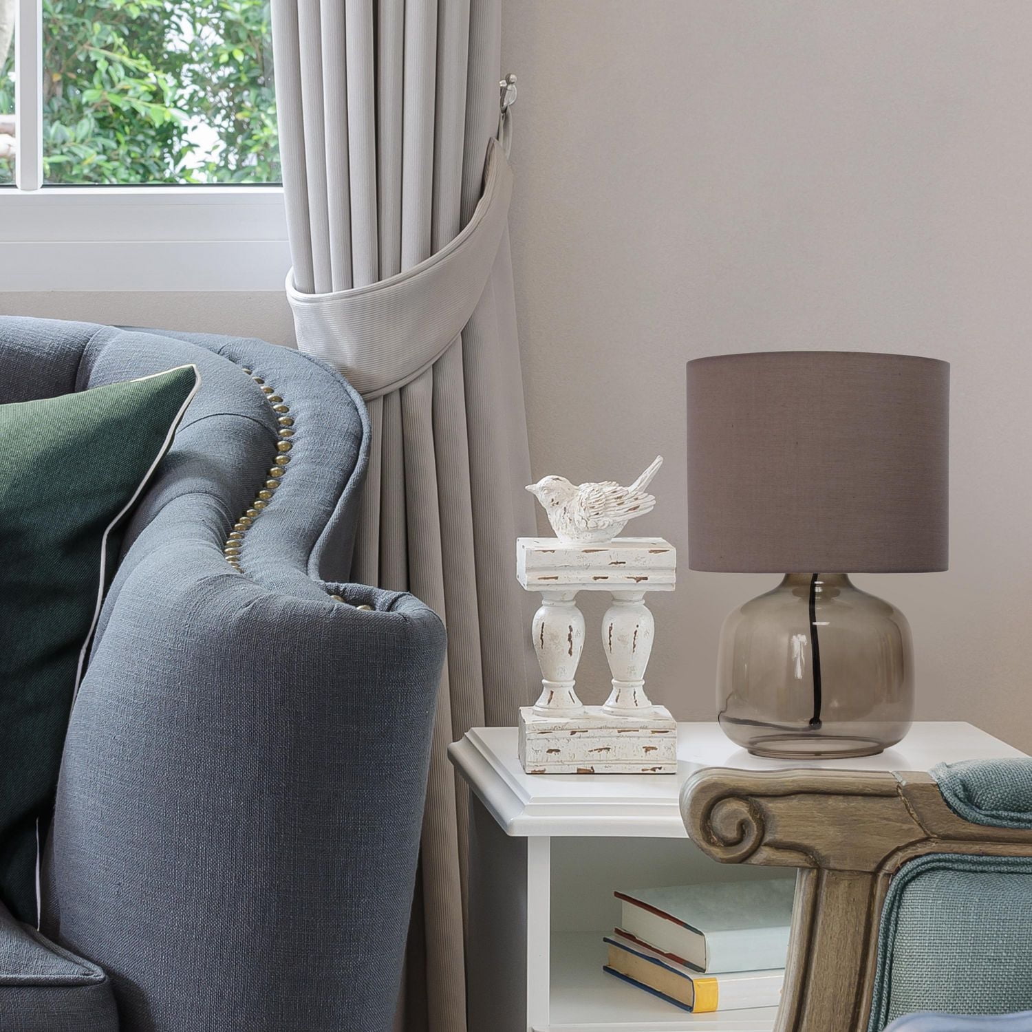 Simple Designs  Glass Table Lamp with Fabric Shade, Smoke with Gray Shade