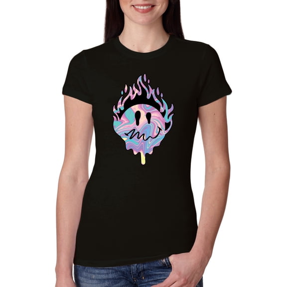 Wild Bobby Trippy Happy Face Women Slim Fit Junior Tee
